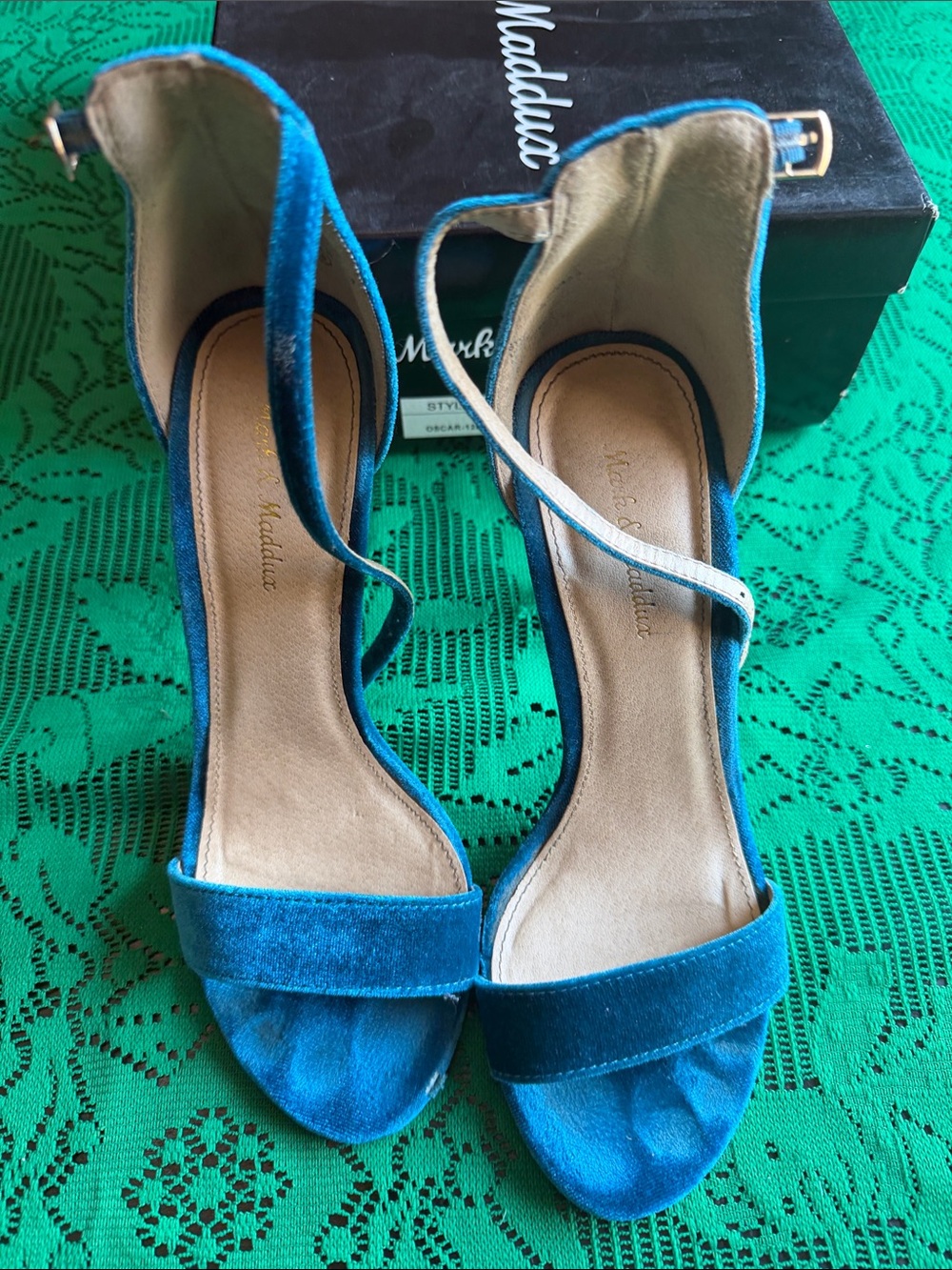 Teal Velvet Open-Toe Ankle-Strap Heels by Mark & Maddox